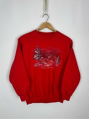 Vintage 90s Northern Reflections Red Winter Cabin Crewneck Sweatshirt